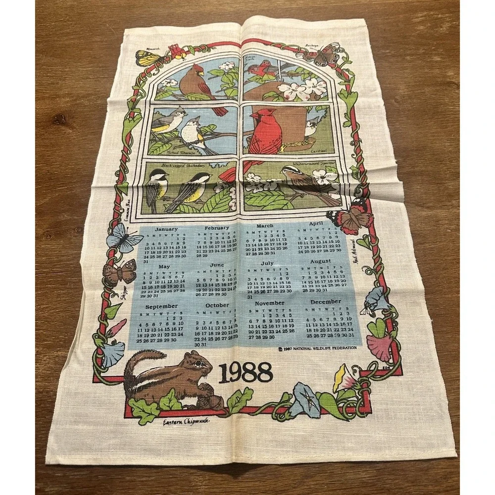 Vintage 1988 Printed Cloth Hanging Wall Calendar Tea Towel Butterfly Flower Bird
